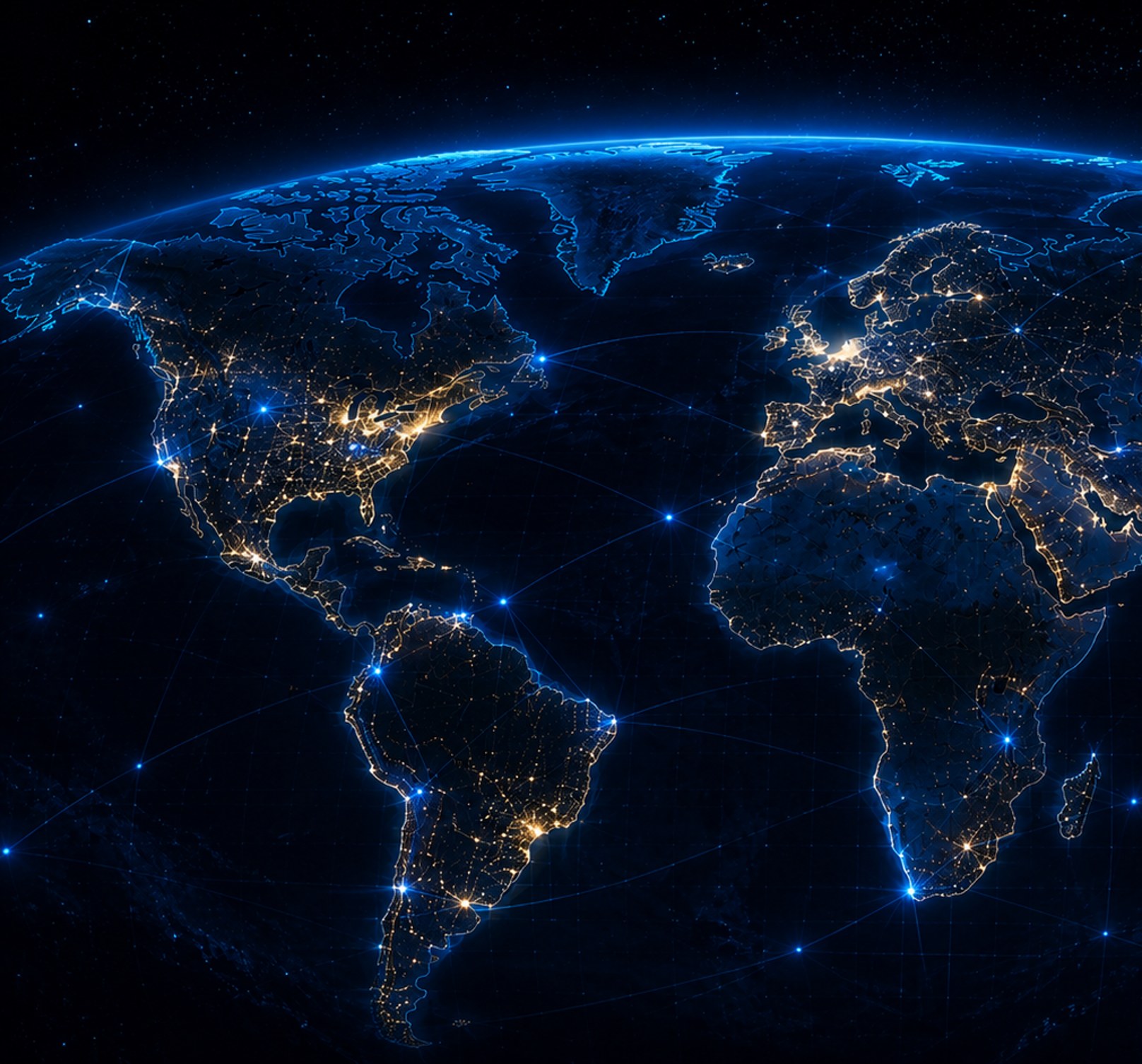 Earth at night seen from orbit with illuminated city networks